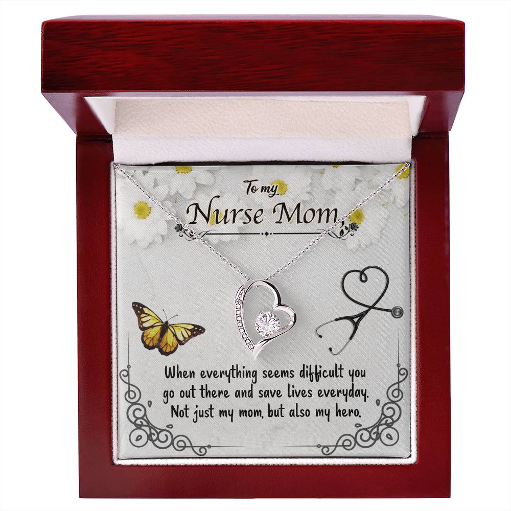 To My Nurse Mom – Forever Love Necklace with CZ Crystal Pendant, Inspirational Gift for Nurses, Hero Mom Jewelry, 14K White or Yellow Gold