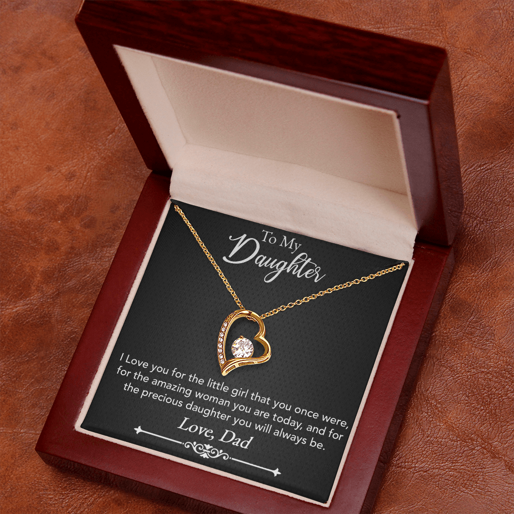 To My Daughter Necklace from Dad – Forever Love Heart Pendant with CZ Crystal, White or Yellow Gold Finish Gift for Her