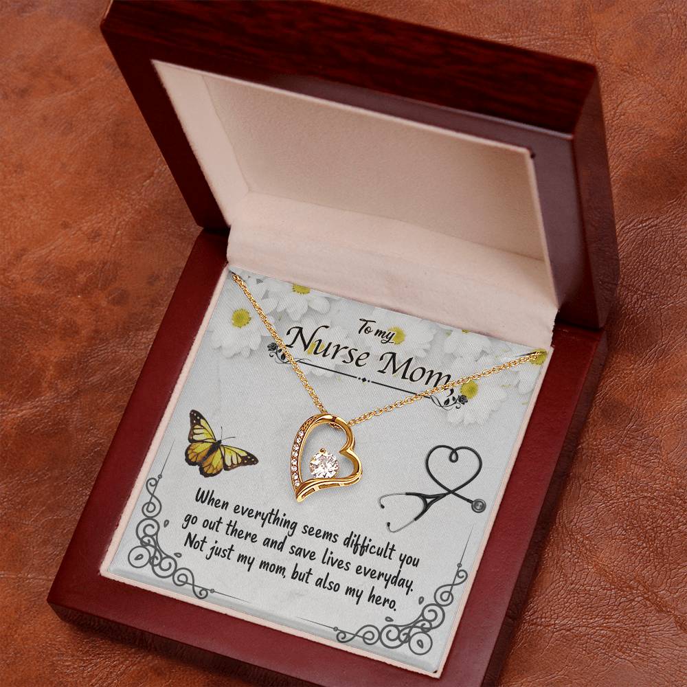 To My Nurse Mom – Forever Love Necklace with CZ Crystal Pendant, Inspirational Gift for Nurses, Hero Mom Jewelry, 14K White or Yellow Gold