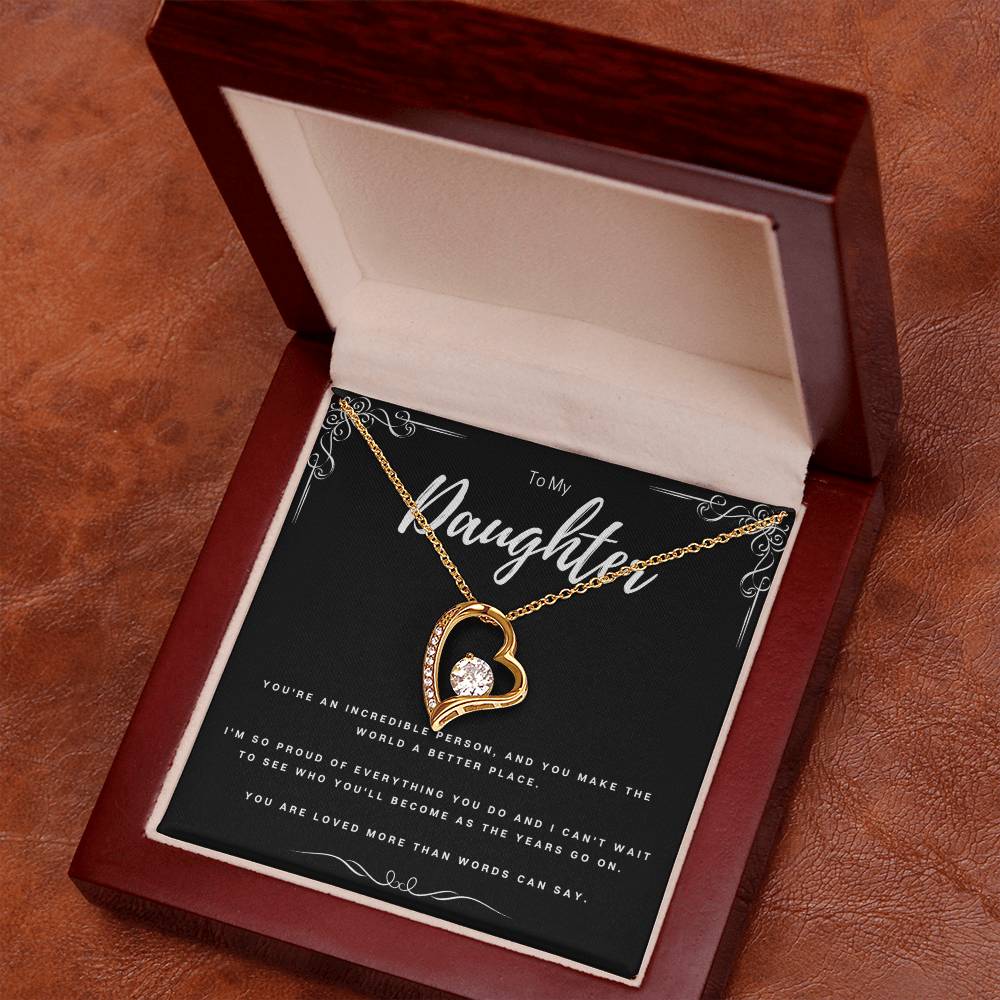 To My Daughter Necklace – Forever Love Heart Pendant with CZ Stone, Meaningful Gift from Mom or Dad