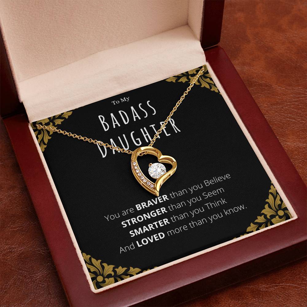 Badass Daughter Necklace Gift – White Gold Forever Love CZ Pendant from Mom or Dad