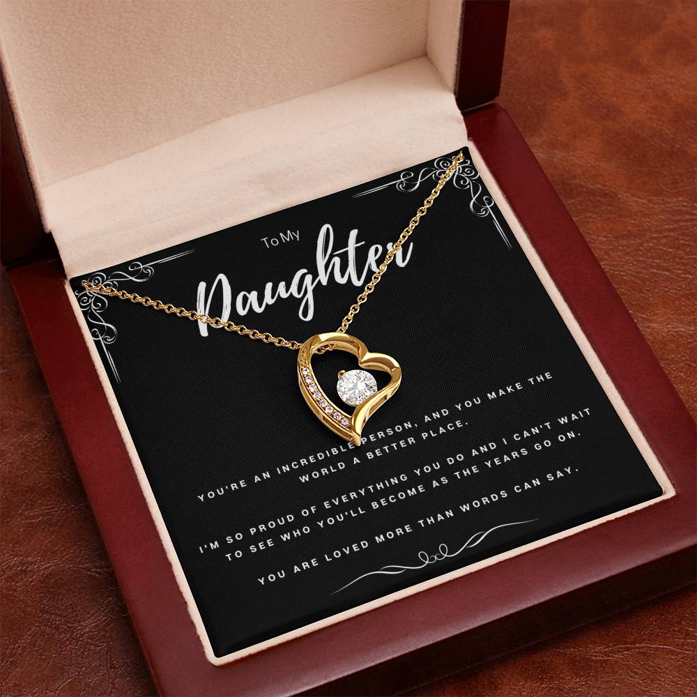 To My Daughter Necklace – Forever Love Heart Pendant with CZ Stone, Meaningful Gift from Mom or Dad