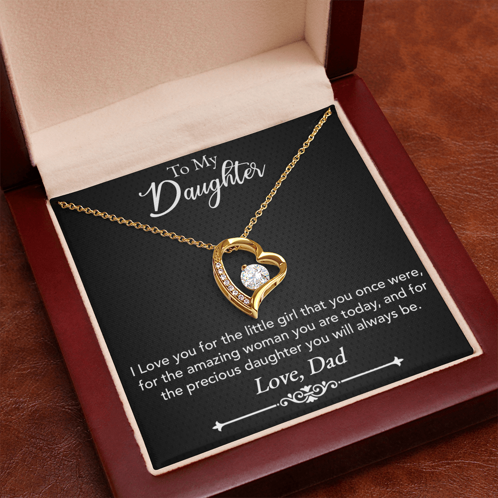 To My Daughter Necklace from Dad – Forever Love Heart Pendant with CZ Crystal, White or Yellow Gold Finish Gift for Her