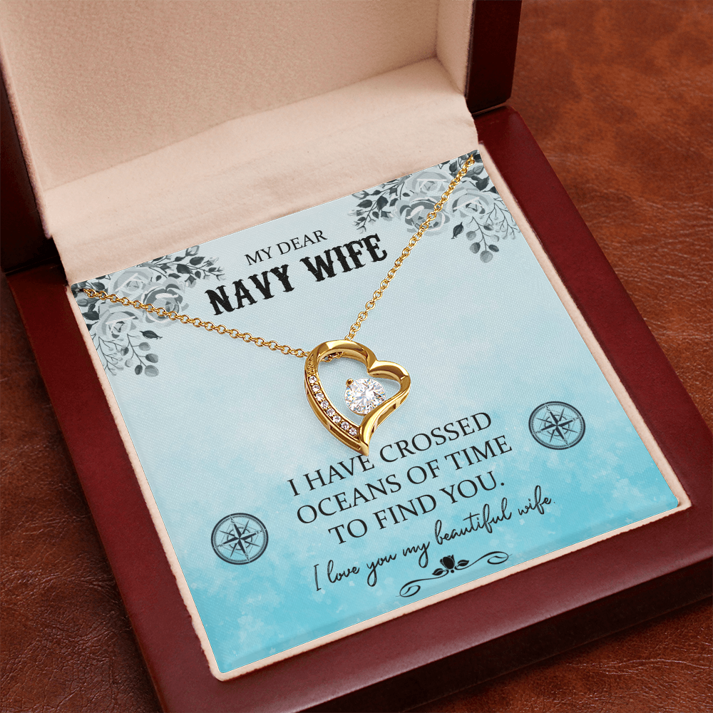 My Dear Navy Wife Forever Love Necklace – 6.5mm CZ Crystal Heart Pendant, Adjustable 18-22" Chain, White or Yellow Gold Finish, Romantic Gift for Wife