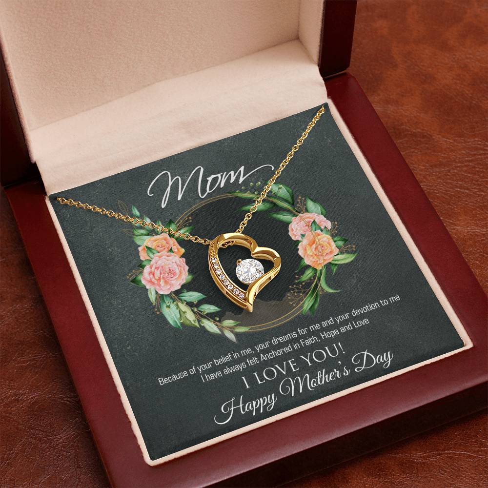 Forever Love Necklace for Mom - 6.5mm CZ Heart Pendant in White Gold or Yellow Gold Finish - Adjustable 18-22" Chain - Mother's Day Gift