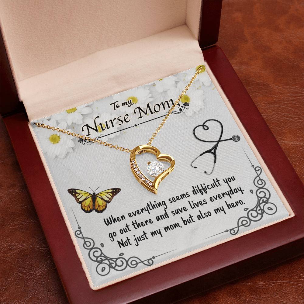 To My Nurse Mom – Forever Love Necklace with CZ Crystal Pendant, Inspirational Gift for Nurses, Hero Mom Jewelry, 14K White or Yellow Gold
