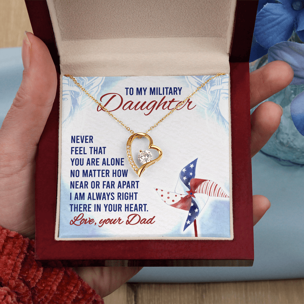 To My Military Daughter Forever Love Necklace – 14k White or 18k Yellow Gold, Cubic Zirconia Heart Pendant with Adjustable Chain – Perfect Gift from Dad, Military Daughter Gift