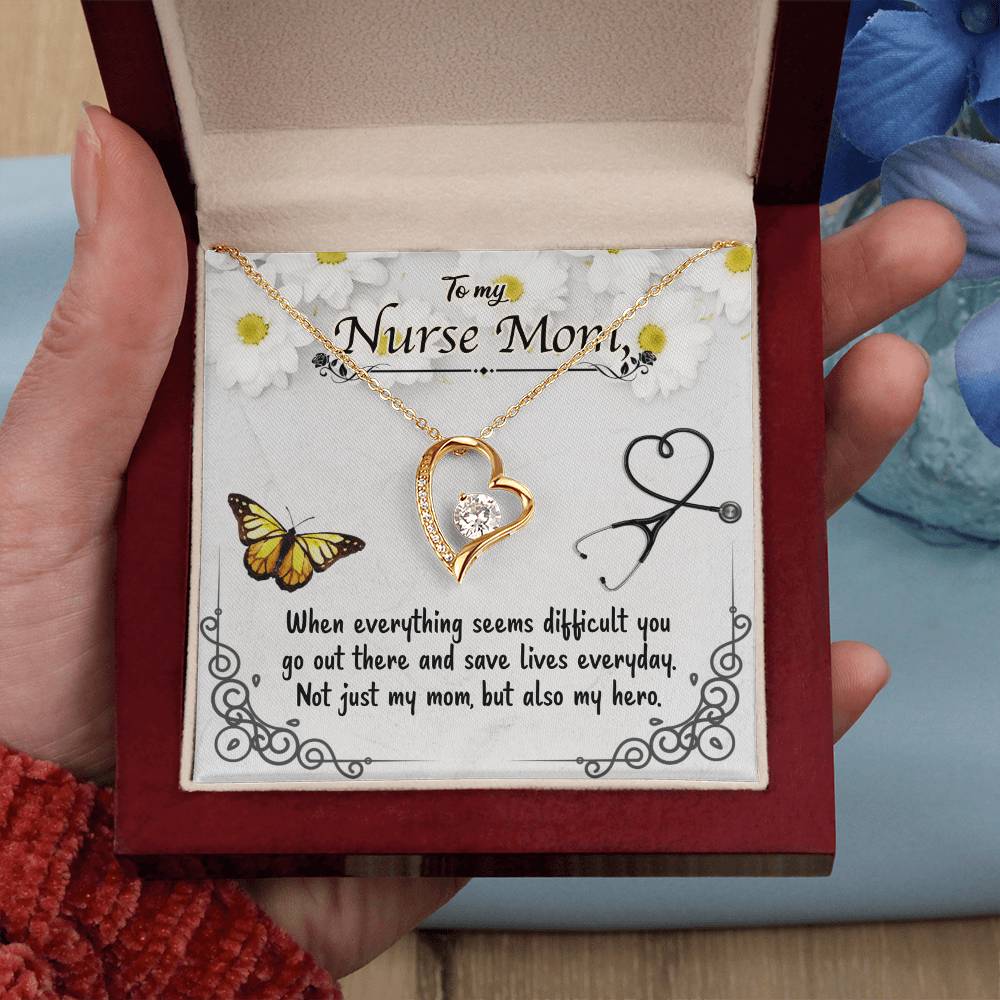 To My Nurse Mom – Forever Love Necklace with CZ Crystal Pendant, Inspirational Gift for Nurses, Hero Mom Jewelry, 14K White or Yellow Gold
