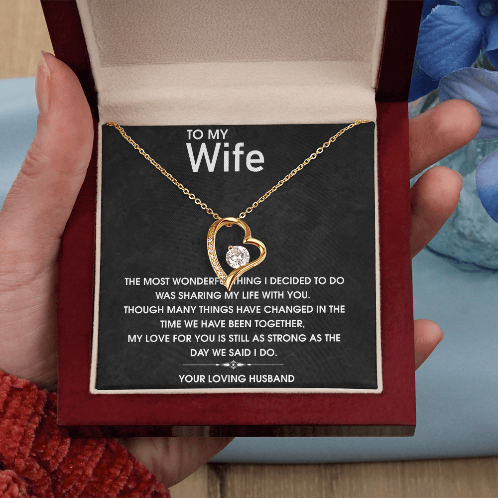 Forever Love Necklace for Wife, CZ Heart Pendant, Anniversary Gift, 14k White Gold or 18k Yellow Gold, Adjustable Chain