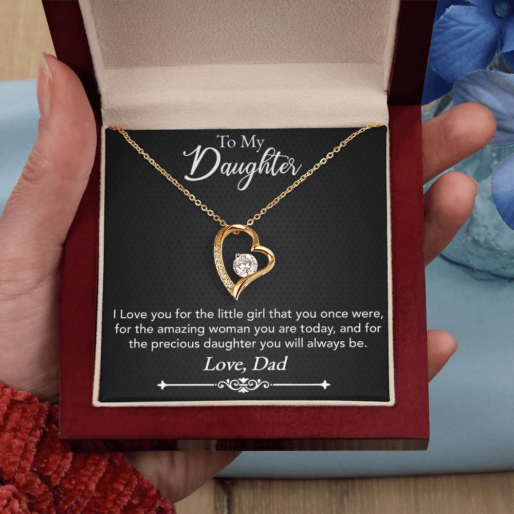 To My Daughter Necklace from Dad – Forever Love Heart Pendant with CZ Crystal, White or Yellow Gold Finish Gift for Her