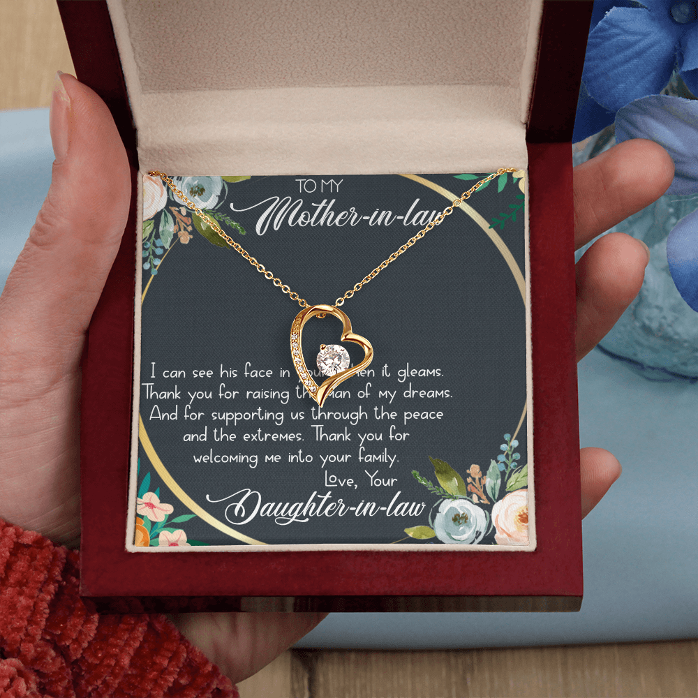 To My Mother-in-Law Forever Love Necklace - Heart Pendant with CZ Stone, Gift from Daughter-in-Law - Elegant Jewelry Gift Box Included