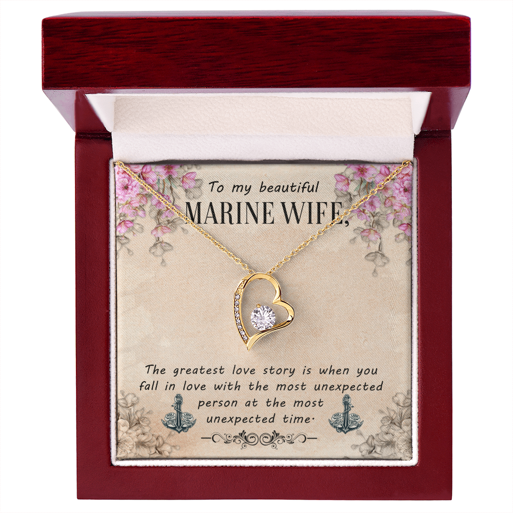 To My Beautiful Marine Wife - Forever Love Necklace with CZ Crystal - White or Yellow Gold - Adjustable Chain - Gift for Wife - Perfect Anniversary or Birthday Gift
