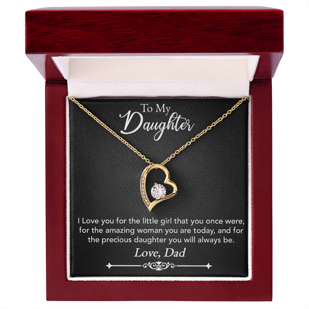 To My Daughter Necklace from Dad – Forever Love Heart Pendant with CZ Crystal, White or Yellow Gold Finish Gift for Her