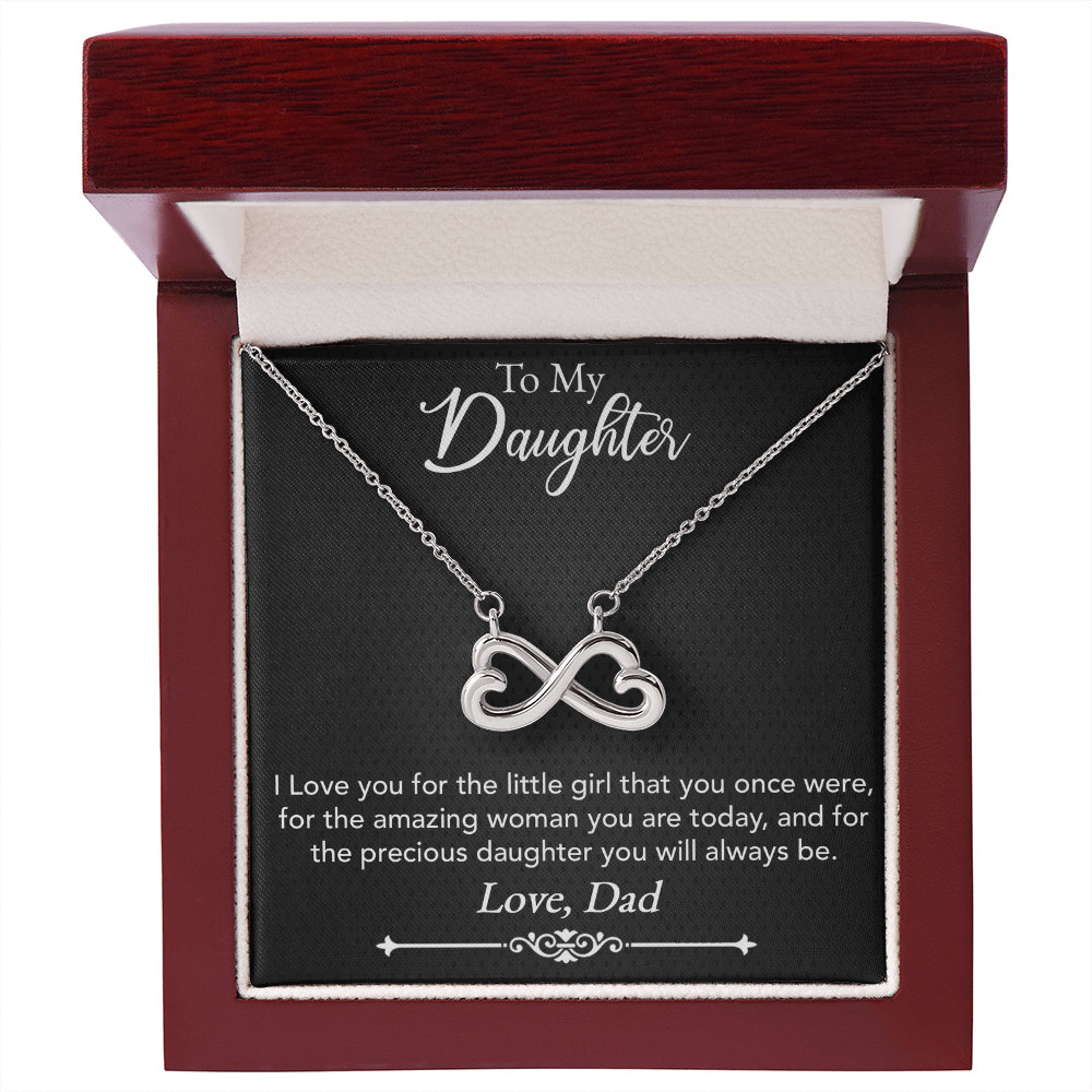 To My Daughter – Endless Love Necklace, 14k White Gold or 18k Yellow Gold, Infinity Heart Pendant Necklace with Adjustable Chain, Perfect Gift from Dad