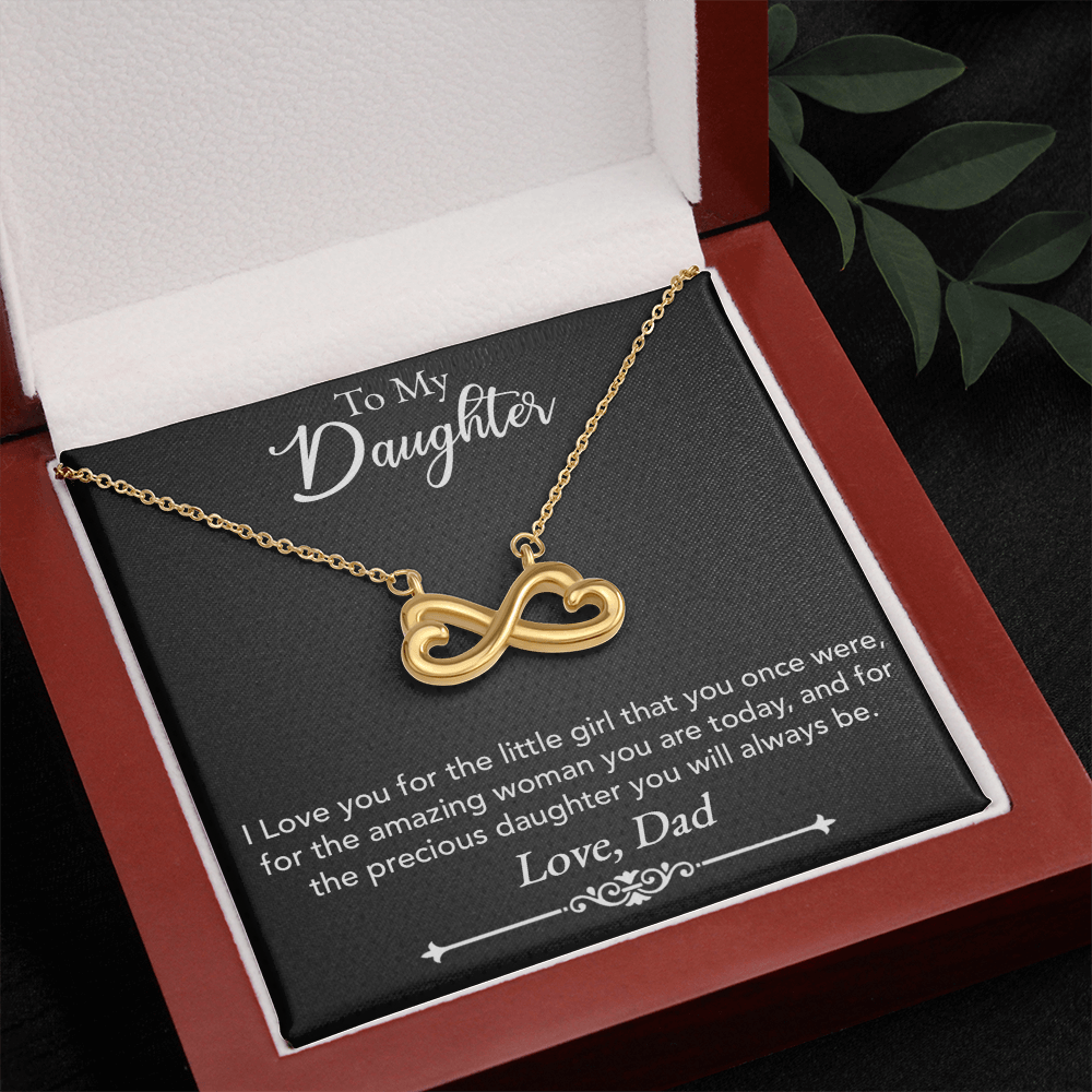 To My Daughter – Endless Love Necklace, 14k White Gold or 18k Yellow Gold, Infinity Heart Pendant Necklace with Adjustable Chain, Perfect Gift from Dad