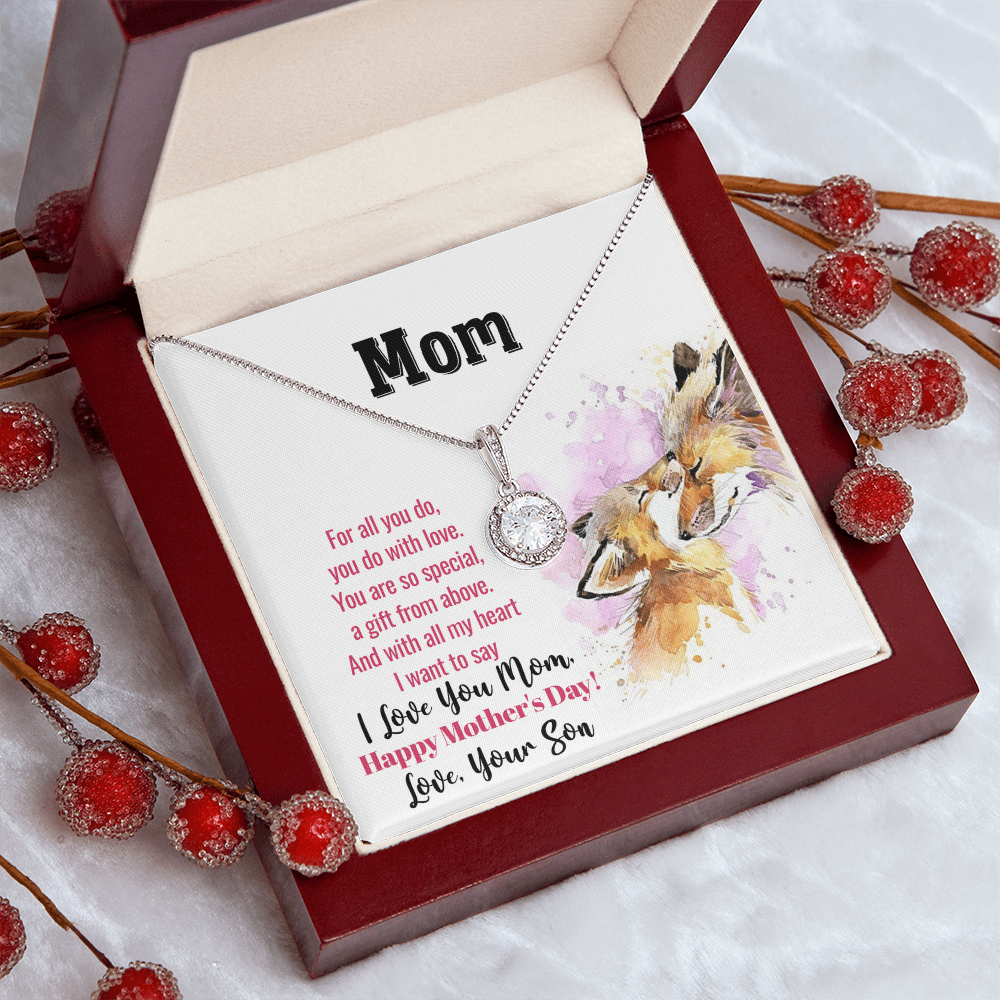 Mother’s Day Necklace for Mom, Eternal Hope CZ Pendant Gift from Son, White Gold Finish Jewelry for Her