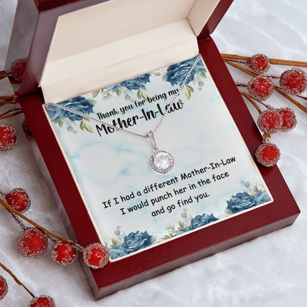 Mother-In-Law Necklace with Funny Quote – 14k White Gold Finish & Cushion Cut Cubic Zirconia – Adjustable Pendant Necklace for Birthday, Anniversary or Special Occasions