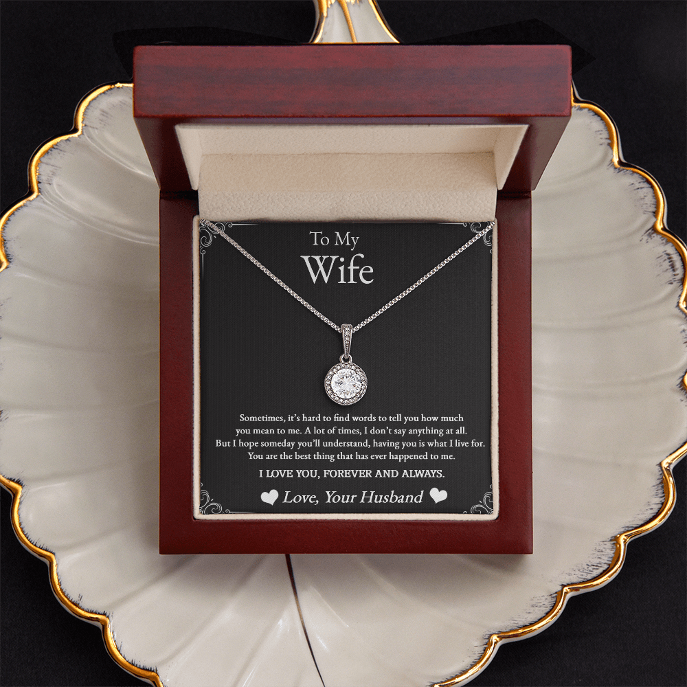To My Wife Eternal Hope Necklace - 8mm Cushion Cut CZ Crystal Pendant, 14K White Gold Finish, Adjustable Chain – Elegant Gift for Her