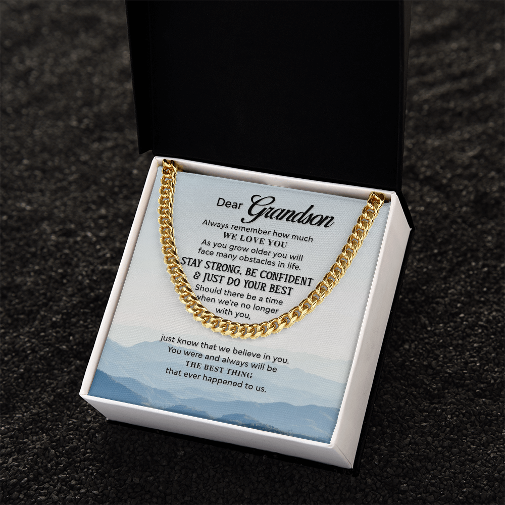 Grandson Cuban Link Chain Gift – Inspirational Necklace for Grandson from Grandparents with Loving Quote