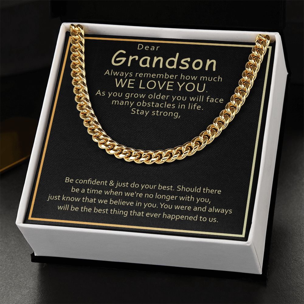 Grandson Cuban Link Chain Gift – Stainless Steel Necklace with Love Message from Grandparents