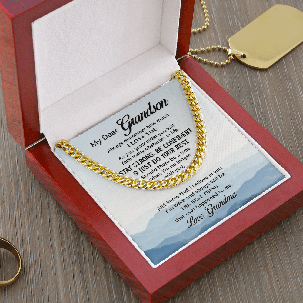 Grandson Cuban Link Chain Gift from Grandma – Stainless Steel Necklace with Inspirational Message Card