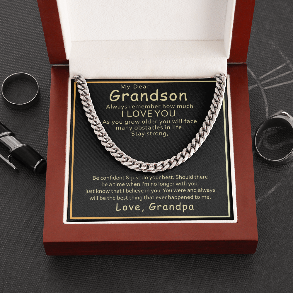 Grandson Cuban Link Chain Necklace Gift from Grandpa with Inspirational Message Card