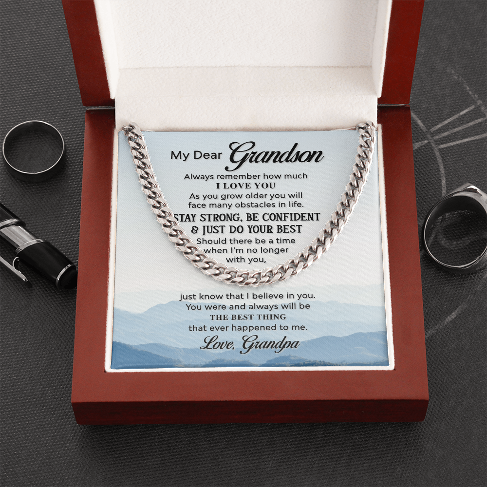 Grandson Cuban Link Chain Gift from Grandpa – Inspirational Necklace with Message Card