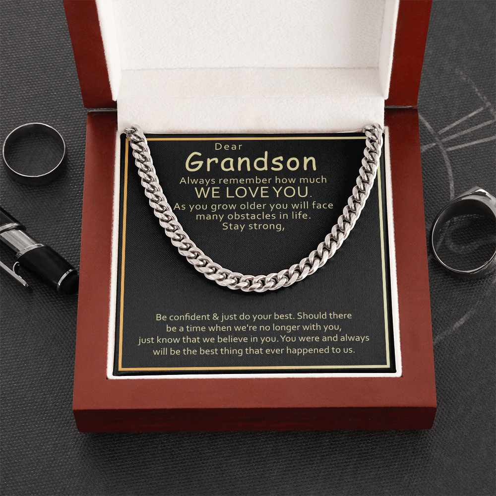 Grandson Cuban Link Chain Gift – Stainless Steel Necklace with Love Message from Grandparents