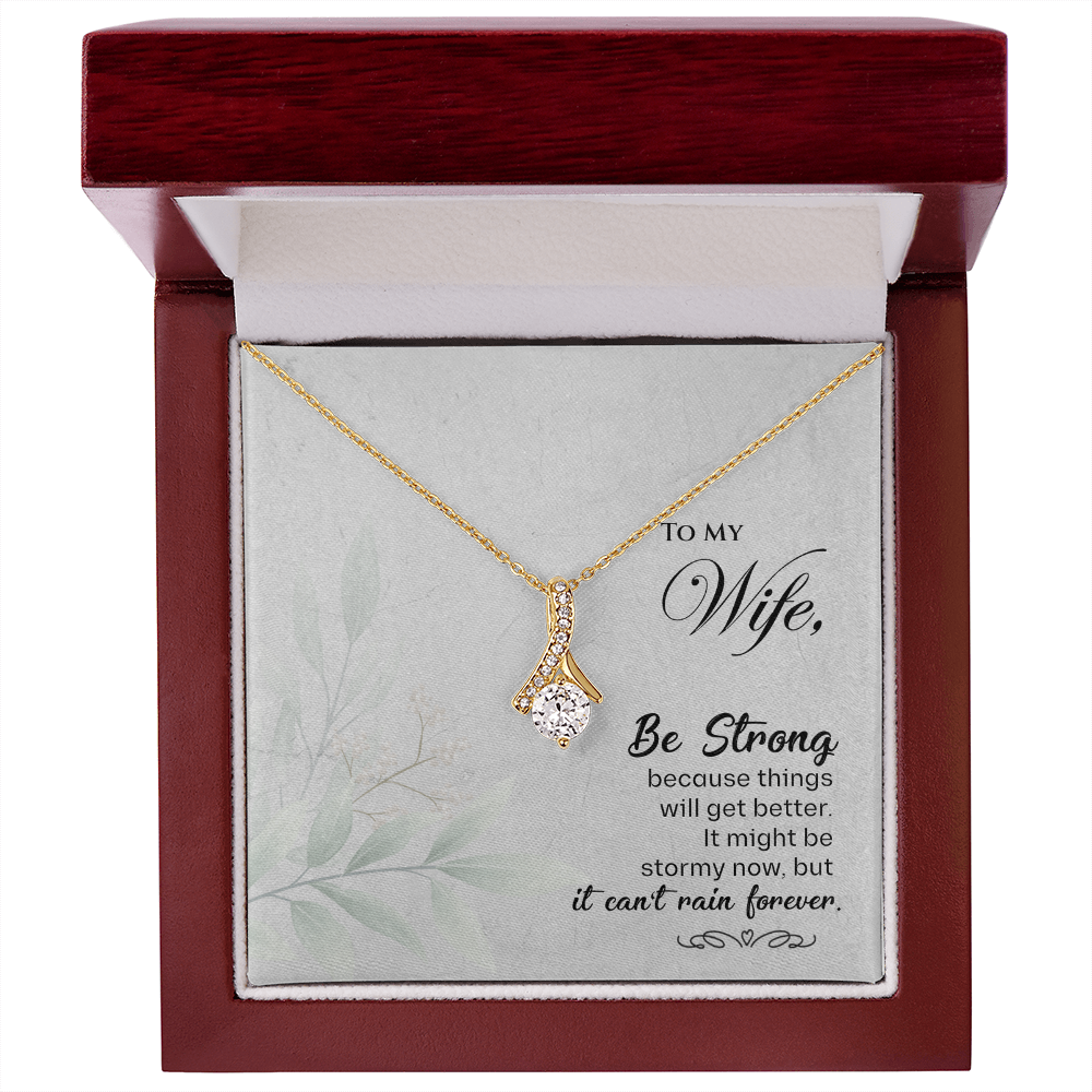 Wife Necklace Gift – Ribbon Pendant with Be Strong Message, Cubic Zirconia Jewelry from Husband