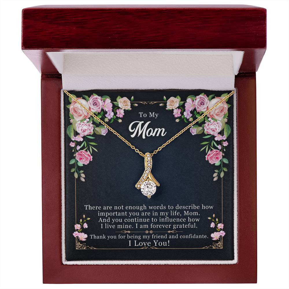 Alluring Beauty Necklace for Mom, CZ Pendant Gift, 14K White Gold or 18K Yellow Gold Finish, Ribbon Jewelry, I Love You Card