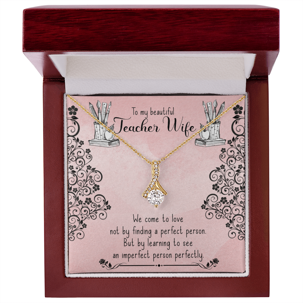 Teacher Wife Necklace Gift – Alluring Beauty Ribbon Pendant in White Gold Finish, Romantic Quote Jewelry for Her