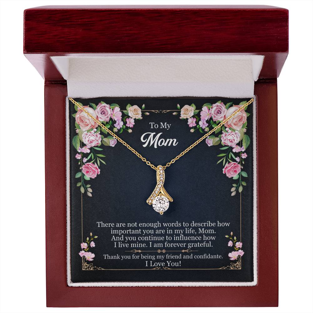 To My Mom – 14k White Gold Finish Necklace with 7mm Cubic Zirconia – Adjustable Heart Pendant Necklace Gift for Mom