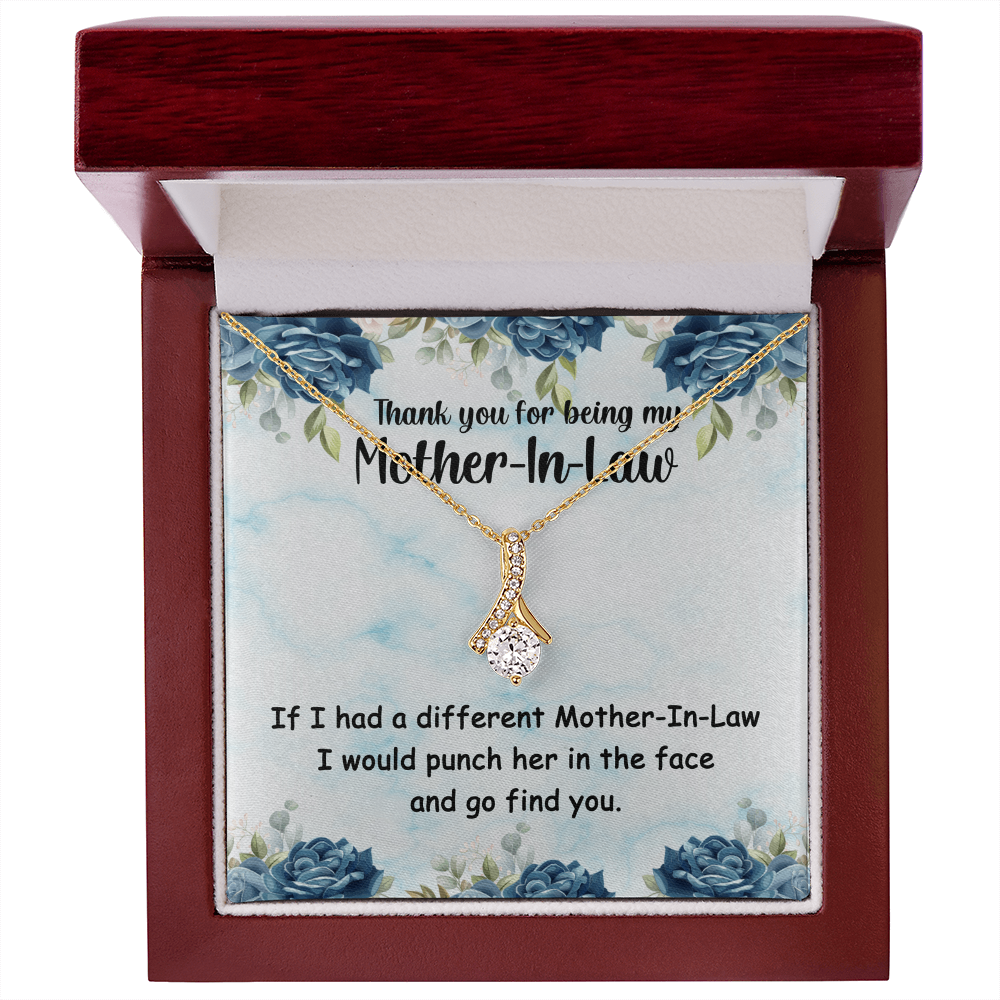 Mother-In-Law Necklace Gift with Funny Quote – 14k White Gold or 18k Yellow Gold Finish with Cubic Zirconia – Adjustable Pendant Necklace for Birthday, Anniversary or Special Occasions