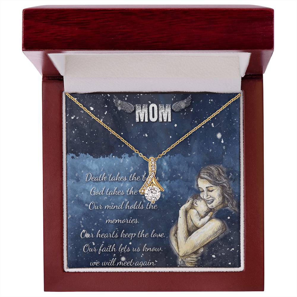 Mom Memorial Necklace Ribbon Pendant with Sympathy Message, Remembrance Gift from Daughter or Son