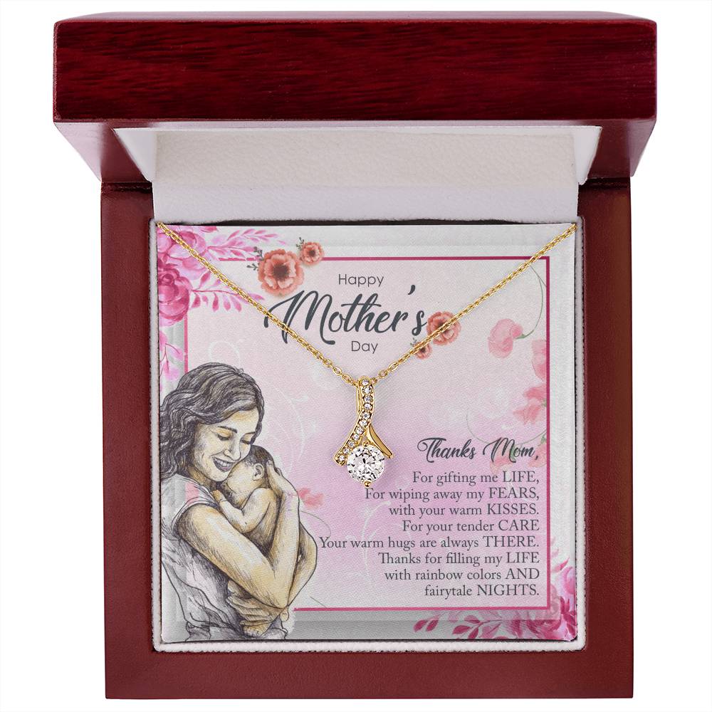 Alluring Beauty Necklace for Mom - Cubic Zirconia Ribbon Pendant in 14k White Gold or 18k Yellow Gold Finish - Perfect Gift for Mother's Day, Birthday, or Any Special Occasion