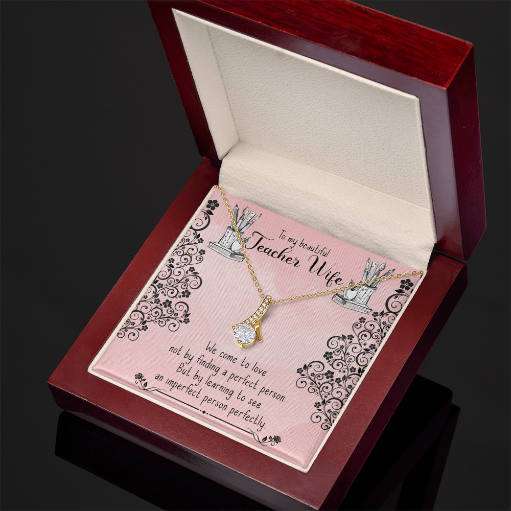 Teacher Wife Necklace Gift – Alluring Beauty Ribbon Pendant in White Gold Finish, Romantic Quote Jewelry for Her