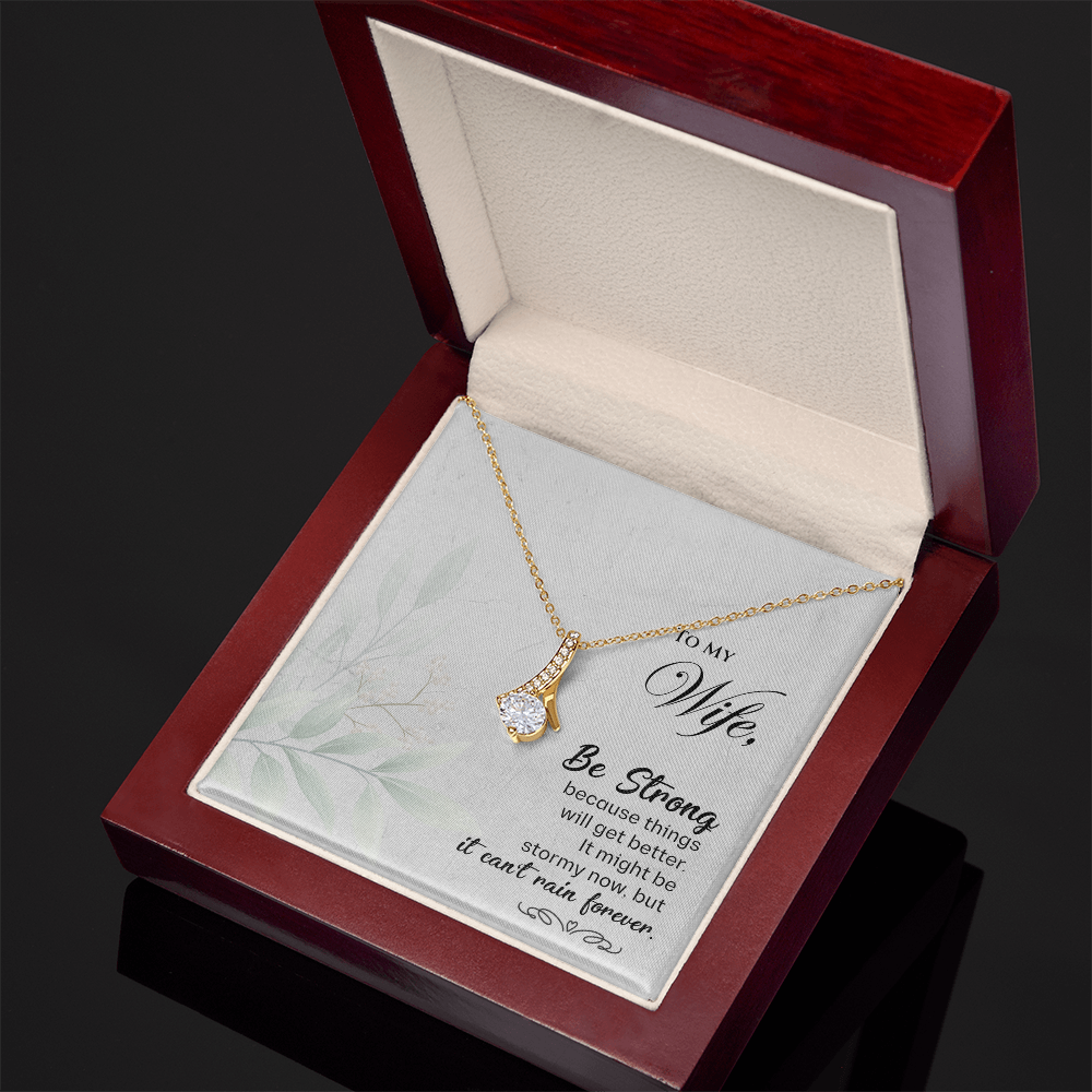 Wife Necklace Gift – Ribbon Pendant with Be Strong Message, Cubic Zirconia Jewelry from Husband