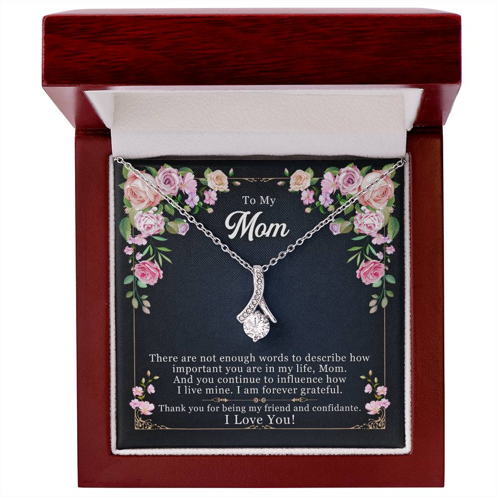 Alluring Beauty Necklace for Mom, CZ Pendant Gift, 14K White Gold or 18K Yellow Gold Finish, Ribbon Jewelry, I Love You Card