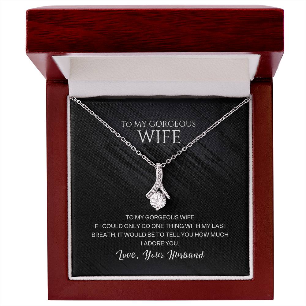 To My Gorgeous Wife Ribbon Pendant Necklace - 7mm Cubic Zirconia - 14k White Gold or 18k Yellow Gold Finish Over Stainless Steel - Adjustable Chain - Perfect Gift for Anniversary, Birthday, or Valentine's Day