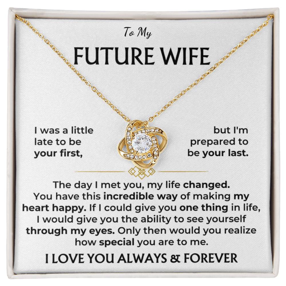 To My Future Wife Love Knot Necklace with Cubic Zirconia Pendant - 14k White Gold or 18k Yellow Gold Over Stainless Steel - Adjustable Chain - Perfect Gift for Anniversary, Birthday, or Valentine's Day