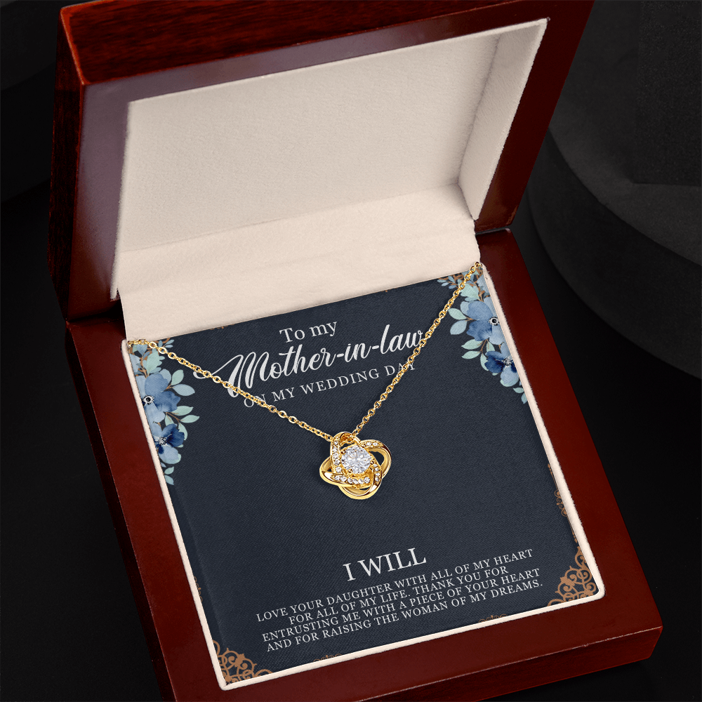 Love Knot Necklace for Mother-in-Law on Wedding Day – 14k White Gold or 18k Yellow Gold, Cubic Zirconia Pendant, Heartfelt Gift for Her
