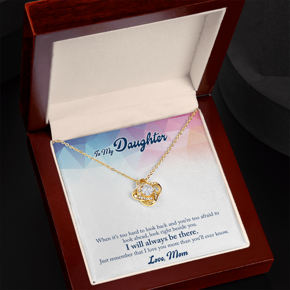 To My Daughter Necklace, Love Knot Pendant, White/Yellow Gold CZ, Gifts from Mom, Birthday, I Will Always Be There