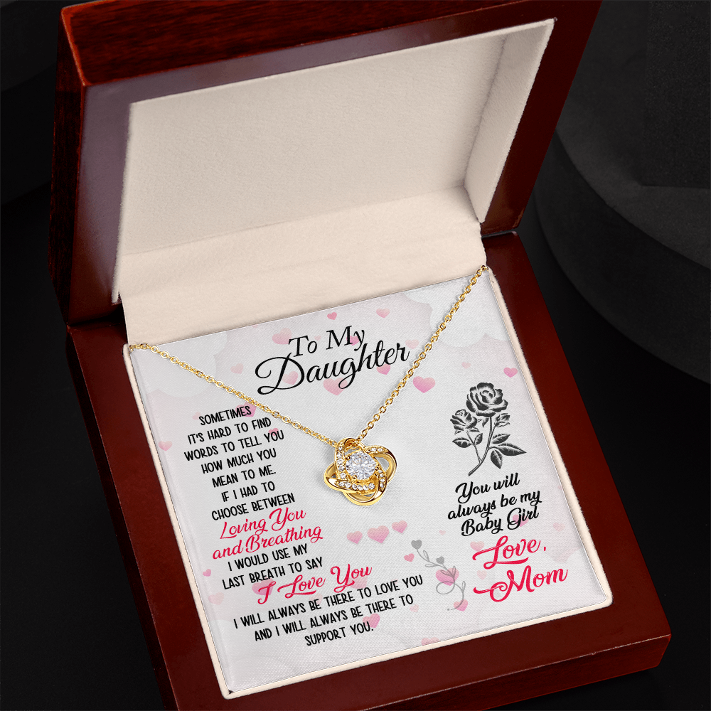To My Daughter Love Knot Necklace with Heartfelt Message - 14k White Gold or 18k Yellow Gold - Perfect Gift from Mom, Adjustable Chain - Includes Elegant Box