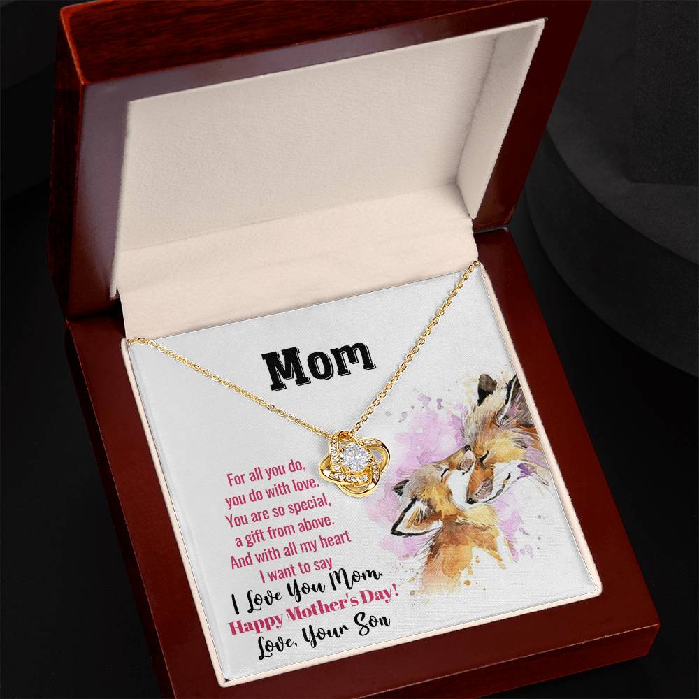 Mother’s Day Necklace for Mom, Love Knot Pendant Gift from Son, Cubic Zirconia Jewelry for Her