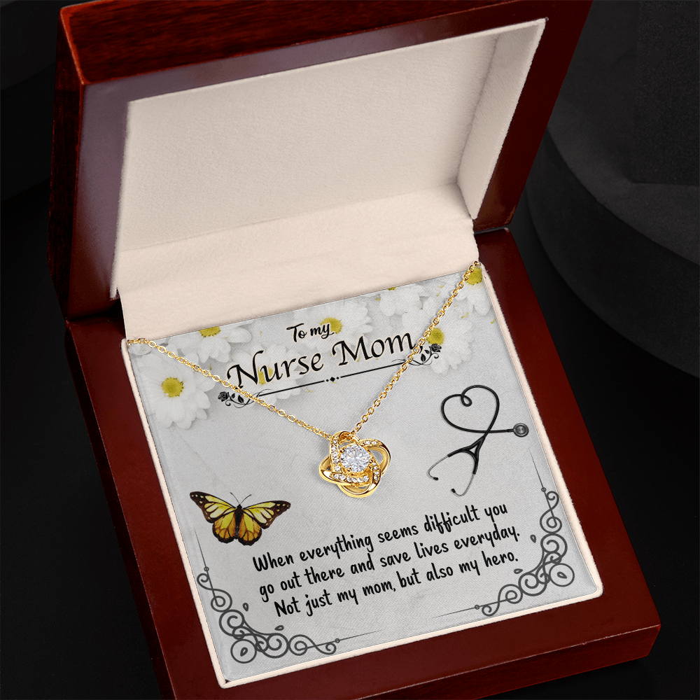 To My Nurse Mom – Love Knot Necklace with CZ Crystal Pendant, Inspirational Hero Jewelry, 14K White or Yellow Gold Finish