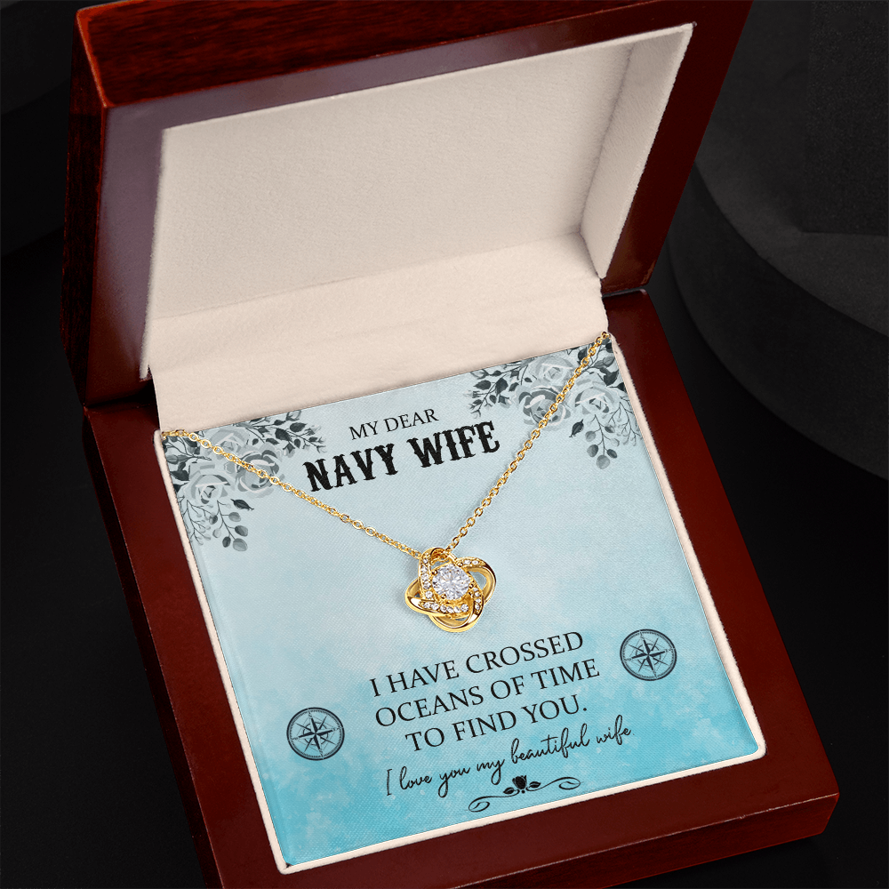 My Dear Navy Wife Love Knot Necklace – 6mm CZ Crystal Pendant, Adjustable 18-22" Chain, White or Yellow Gold Finish, Romantic Gift for Wife