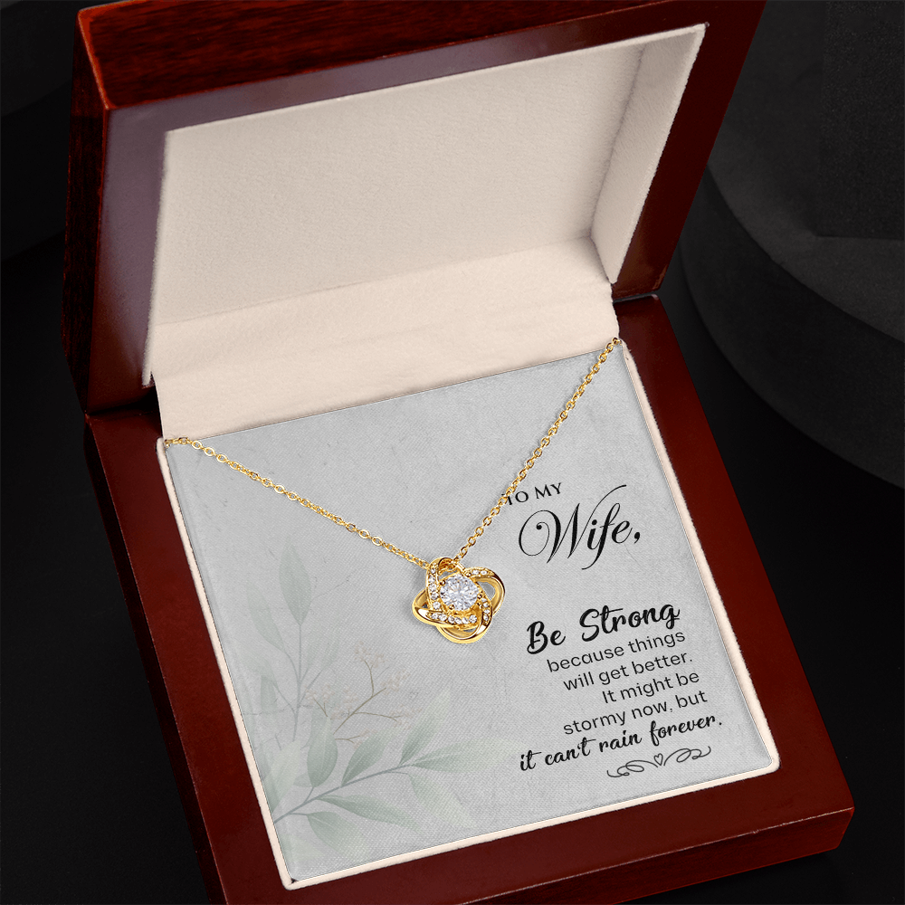 Love Knot Necklace for Wife - Be Strong Inspirational Gift, 14K White Gold, Cubic Zirconia Pendant with Adjustable Chain, Gift for Wife, Anniversary Jewelry