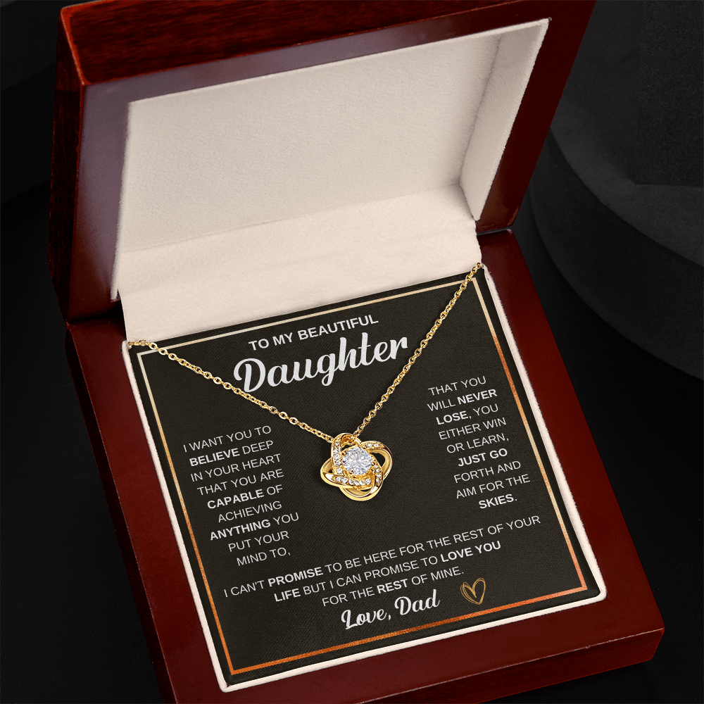 To My Beautiful Daughter Love Knot Necklace with Motivational Message - 14k White Gold or 18k Yellow Gold - Perfect Gift from Dad, Adjustable Chain - Includes Elegant Box
