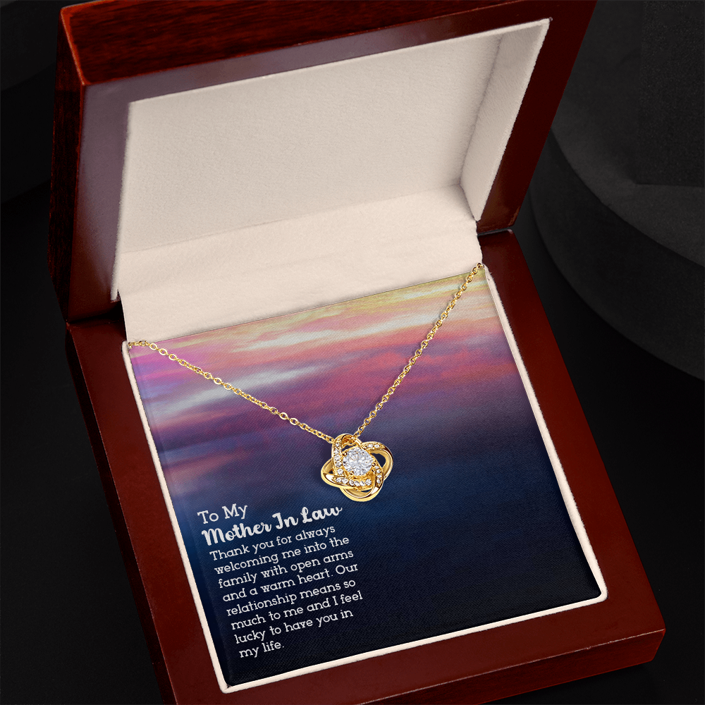 To My Mother in Law Love Knot Necklace - 14k White or 18k Yellow Gold, Cubic Zirconia Pendant, Adjustable Chain - A Beautiful Gift for Mother-in-Law