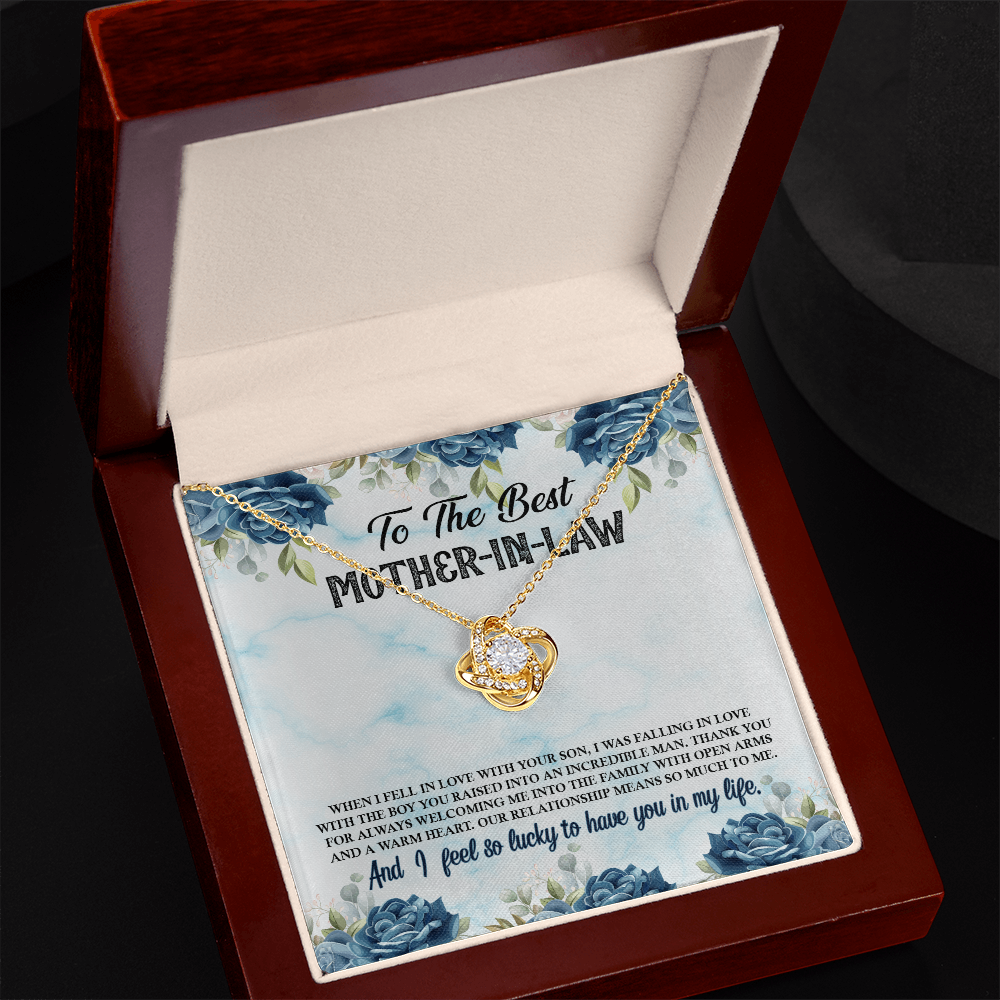 To The Best Mother-in-Law Love Knot Necklace - 14k White Gold or 18k Yellow Gold, Cubic Zirconia Pendant, Adjustable Chain - A Heartfelt Gift for Mother-in-Law